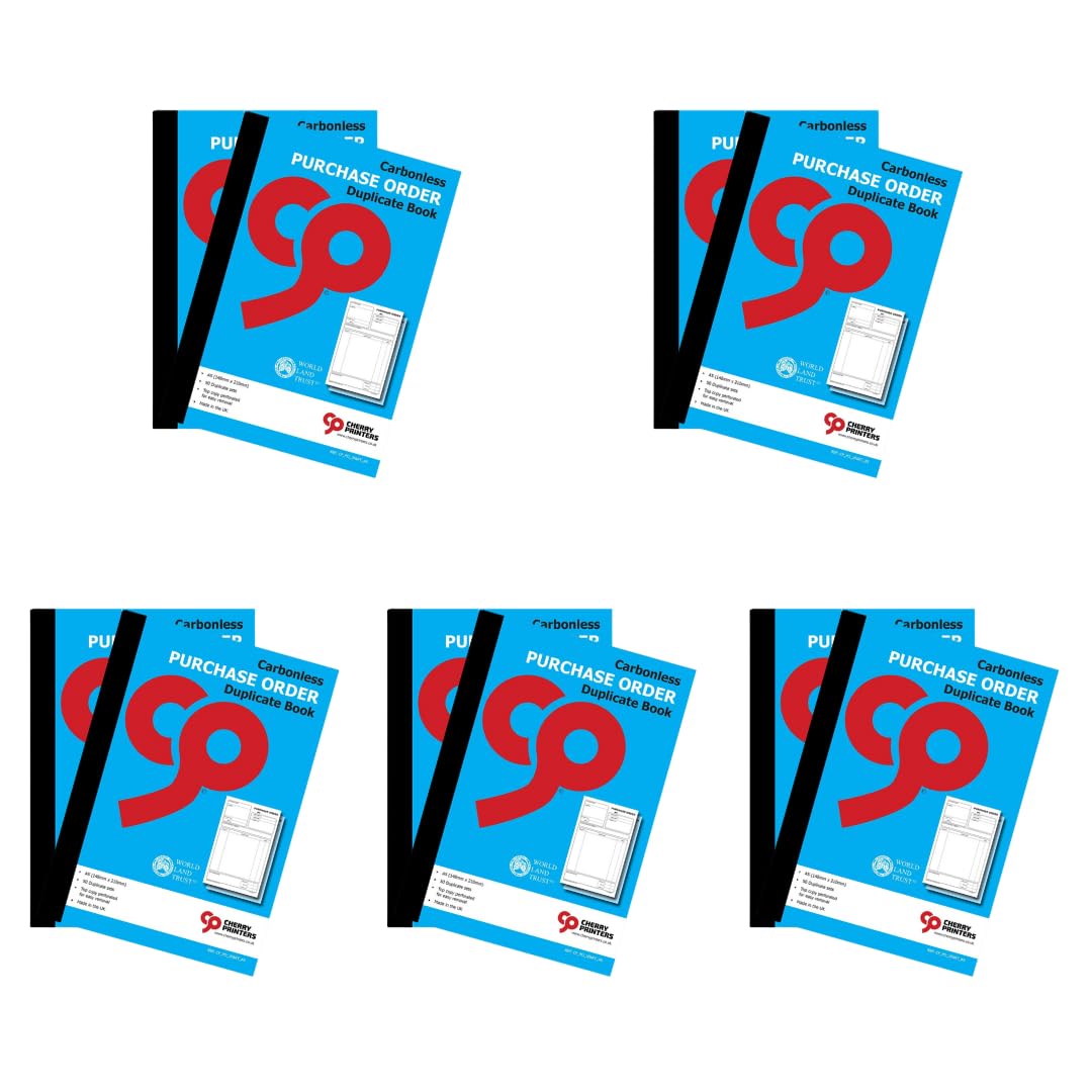 Cherry Printers | Carbonless Purchase Order Duplicate Book A5 | 2 Part NCR Order Book | 50 Duplicate Sets | Perforated Easy Tear Top Copy | Purchase Order Forms for Business Office | **10 Pack**