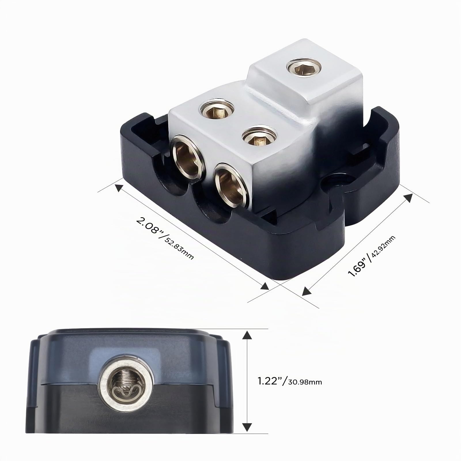 RECOIL DB12P Stromverteilerblock 2-Wege 2er-Pack, je 1x Eingang 50/35/25 mm² (0/2/4 AWG) / 2X Ausgang 25/10 mm² (4/8 AWG), für Auto-Audio, Verstärker & Splitter