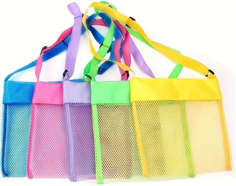 Mesh Beach Bag,Seashell bag with Adjustable Straps for Holding Shells Beach Toys Sand Toys Swimming Accessories for Boys and Girls