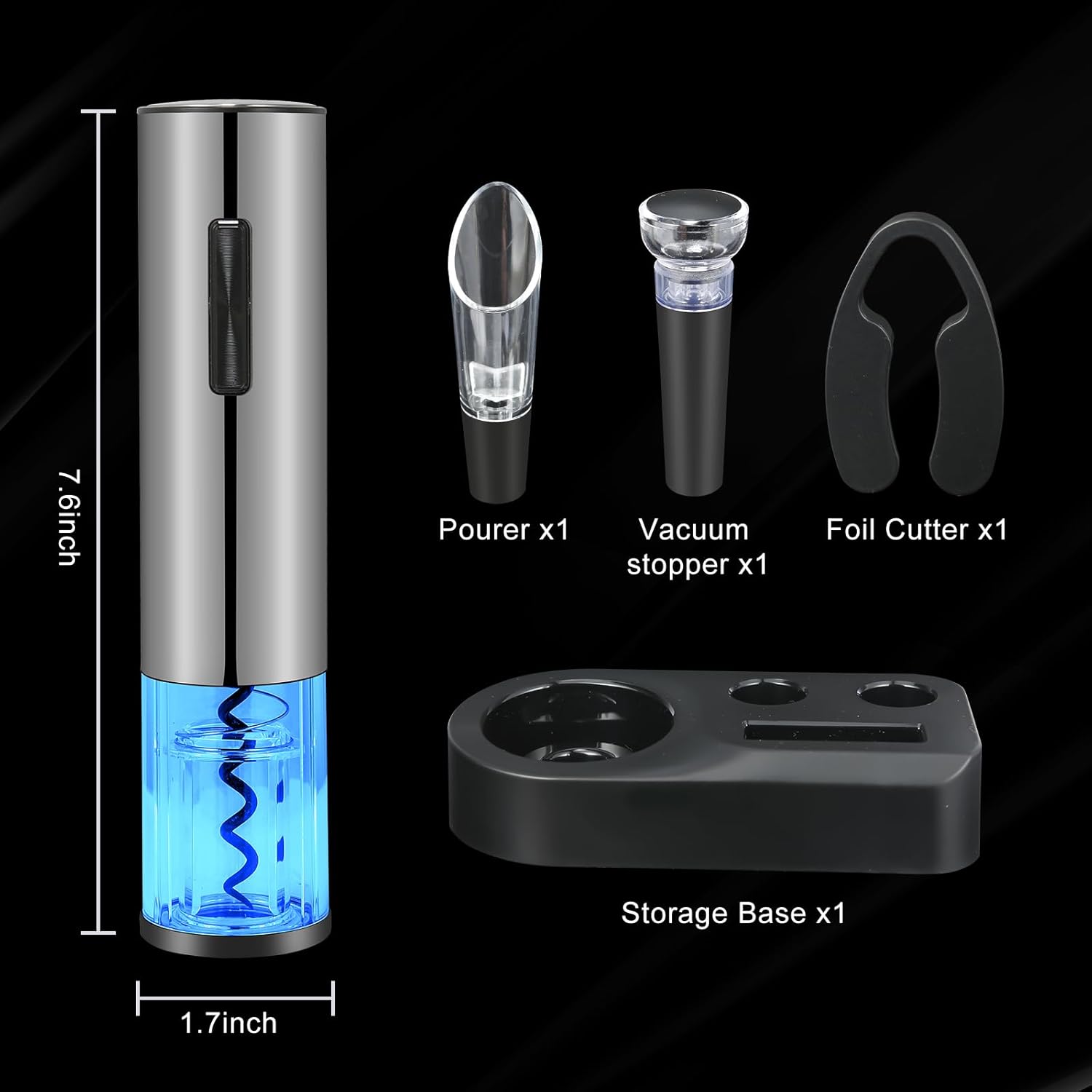 Electric Wine Bottle Opener Set- Silver, Automatic Wine Bottle Opener with Led Light, Rechargeable Corkscrew Kit with Aerator，Foil Cutter，Stoppers