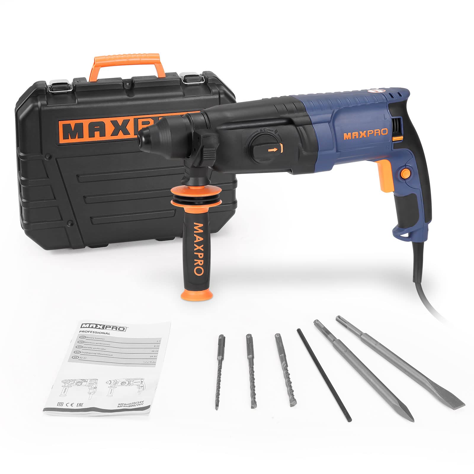 MAXPRO Martello Perforatore SDS-Plus 800W, 6 Velocità Variabili con 4 Funzioni, Capacità di foratura: calcestruzzo (26MM), metallo (13MM), legno (30MM)