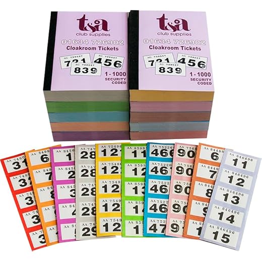 Tiques para tómbola (10 libros con 1000 tiques por libro), 10 colores diferentes