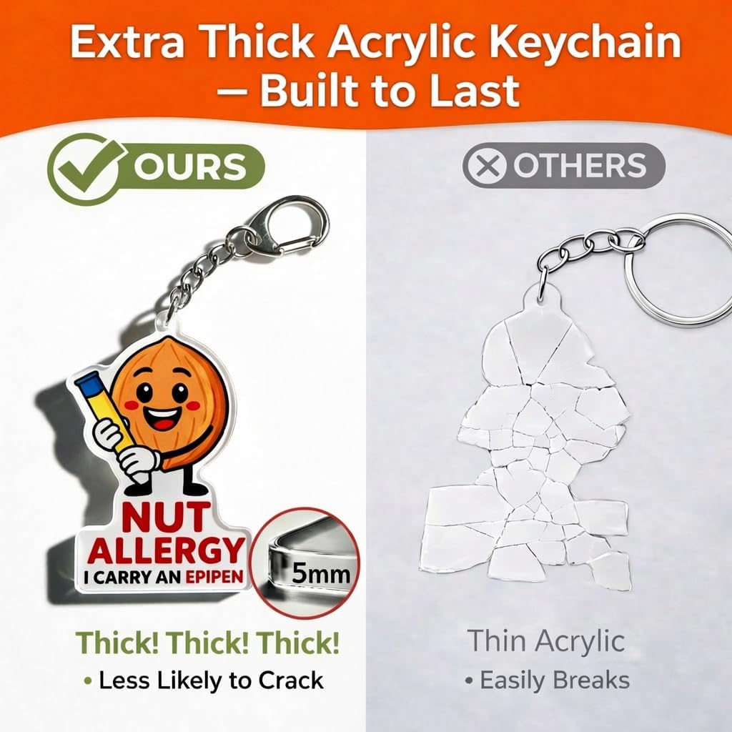 Nut Allergy Keychain Set for Kids & Adults – 2 Pack Medical Alert Tags, I Carry an Epipen Emergency Labels for Backpack, School Bag, Lunch Box