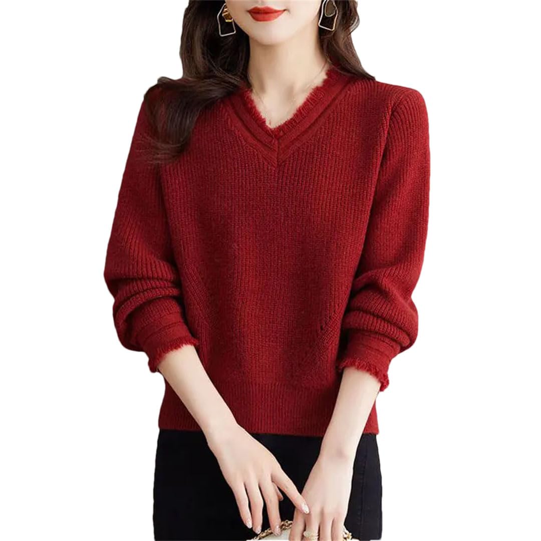 Damski sweter z dzianiny w stylu retro z dekoltem w serek, luźny ciepły miękki sweter