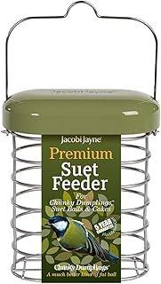 Jacobi Jayne Premium Suet Feeder, All-Weather Metal Suet Ball Feeder, Green. Made to last in chew-proof metal with easy-open protective lid
