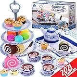 Cheffun Tea Party Set for Little Girls - Kids Pretend Play Kitchen Toys Sweet Princess Tea Cup Plastic Toys Play Food with Teapot Tray Cake Gift for Age 3 4 5 6 7 Year Old Toddler Child Girl Boys