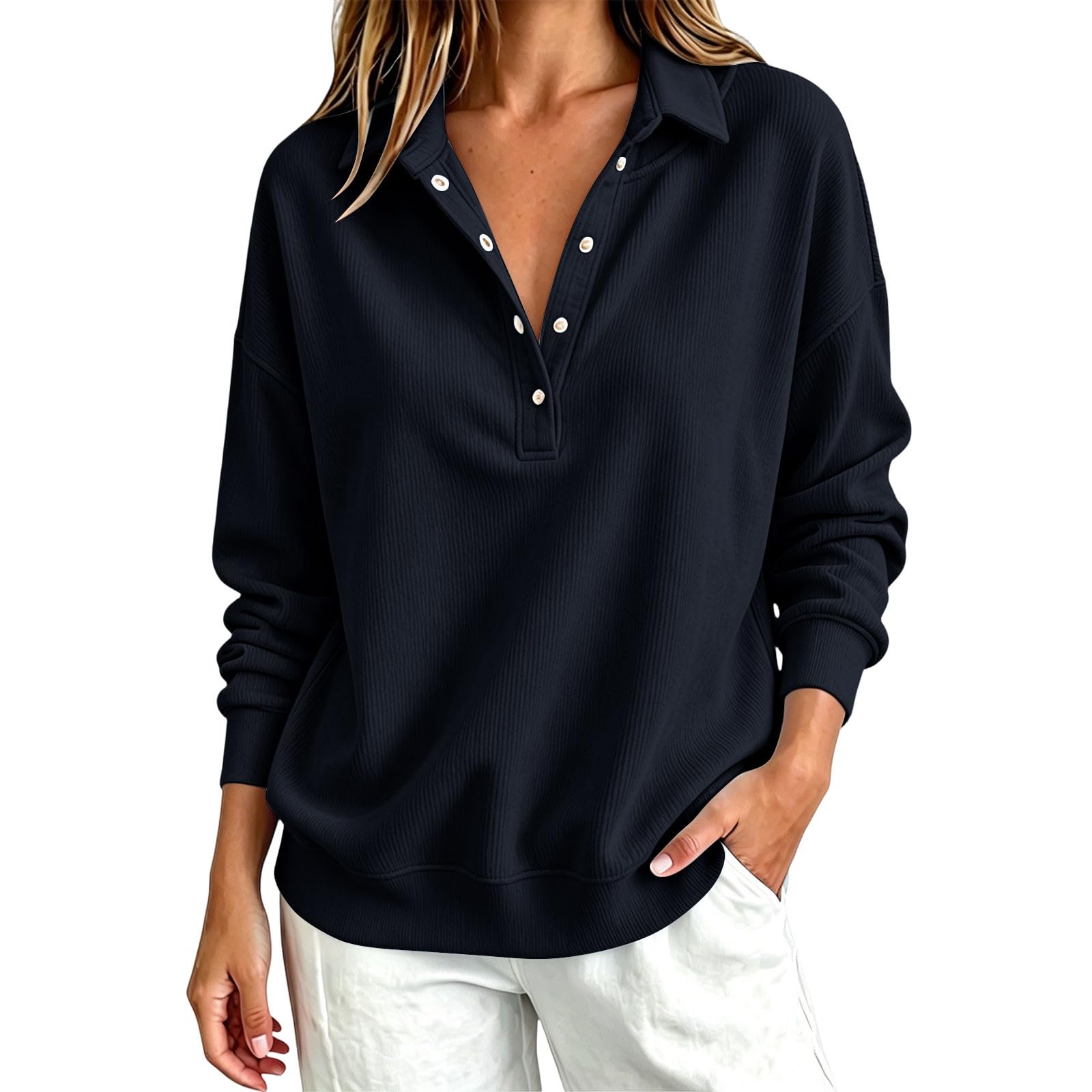 LUCKME Felpa Donna Mezza Zip con Bottoni Pullover Lungo Manica Lunga