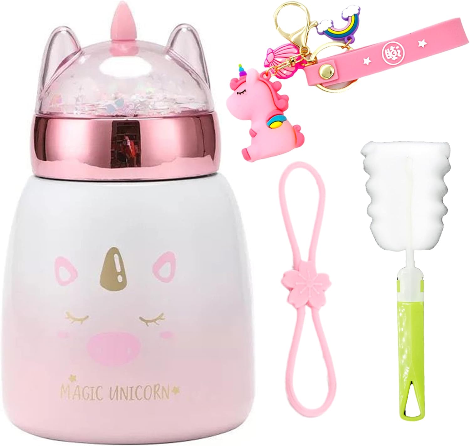 Unicorn Kid Water Bottle for School with Lid Sparkling Glitter Bottle Stainless Steel Pony Cup Vacuum Bottle Girl Birthday Gift (pink unicorn full, 300ml)