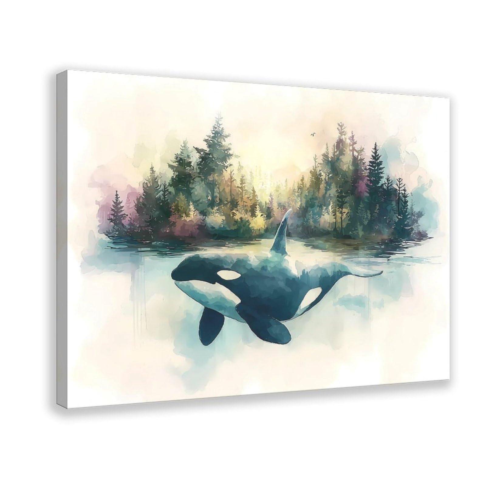 Qnvjqkdsi Frame Watercolor Orca Whale, Forest Ocean Nature Art Canvas Poster Wall Art Decor Print Picture Paintings For Living Room Bedroom Decoration 12" L X 18" W