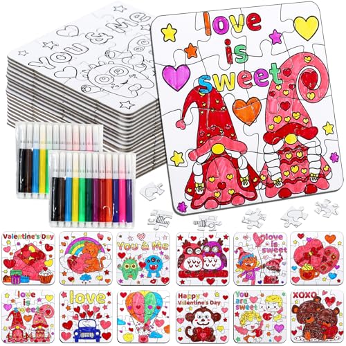 24Pcs Valentines Day Crafts Gifts Kits for Boys Girls & Adults Valentines Arts and Crafts DIY Puzzle with Chocolate Cake Heart Owl Jigsaw for Classroom Activities Party Favors Exchange Supplies