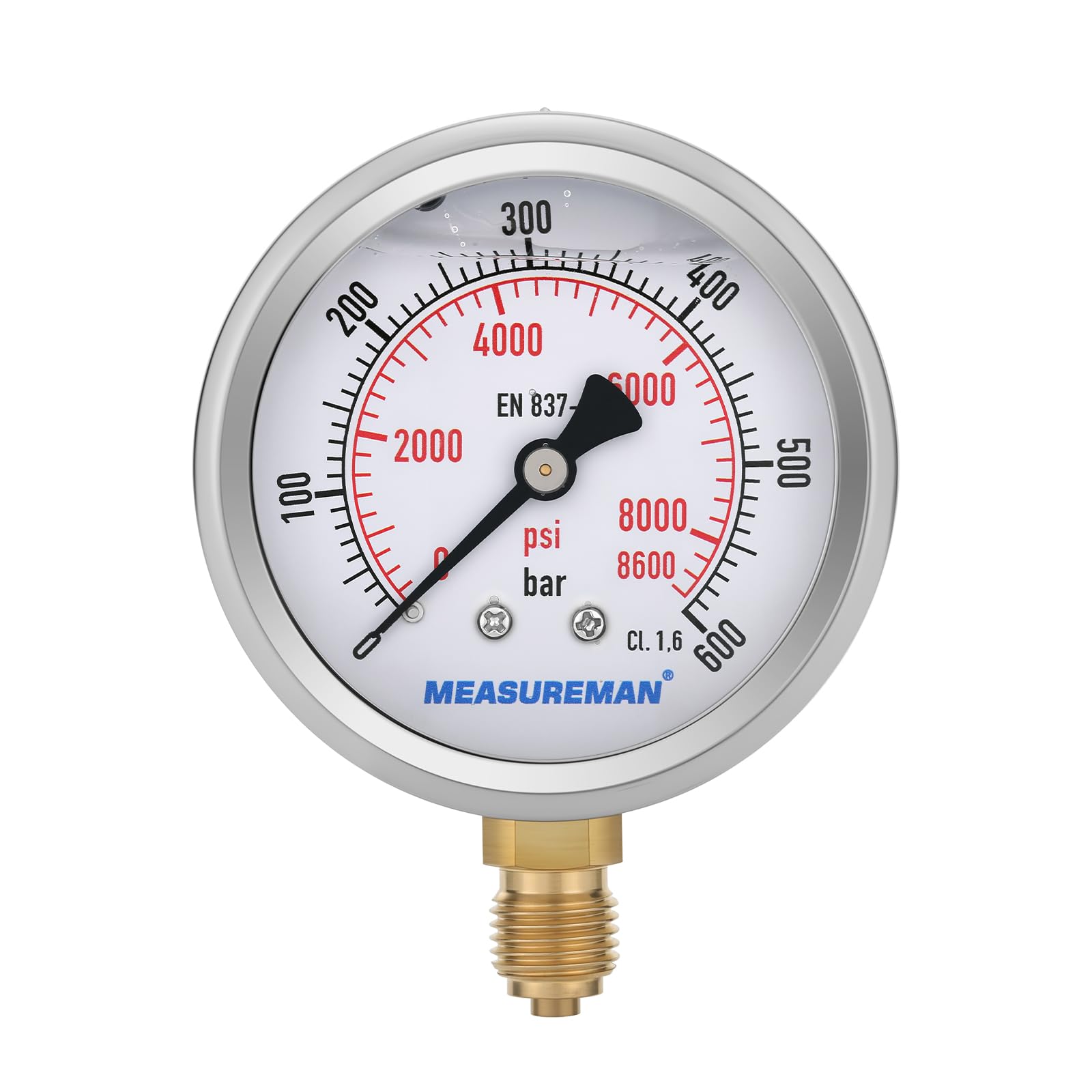 Manometer, Glyzerin gefülltes Druckmessgerät, 63mm Zifferblatt, 0-600bar, 304 Edelstahlgehäuse, 1/4" BSP Unteranschluss