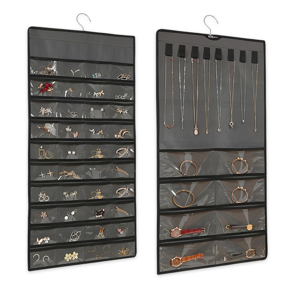 48 Compartimentos Organizador de Joyas Colgante 43 X 78 CM,Colgador Collares Pared con Ganchos,Soporte Collares Expositor para Colgar,Hanging Jewelry Organizer para Anillo, Pulsera -Gris