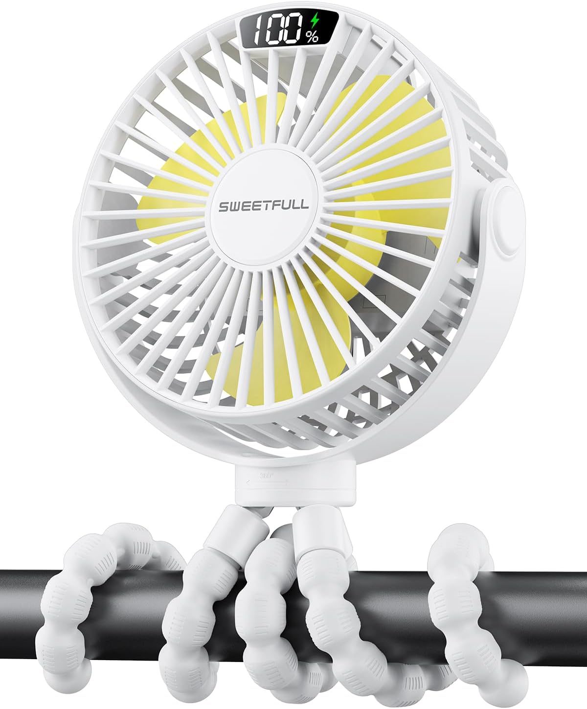 SWEETFULL Portable Stroller Fan with LED Display, 4 Speed Rechargeable Mini Clip On Fan, 360° Rotate Flexible Tripod Better Cooling Small Baby Fan for Car Seat Crib Travel Bike Treadmill (White)