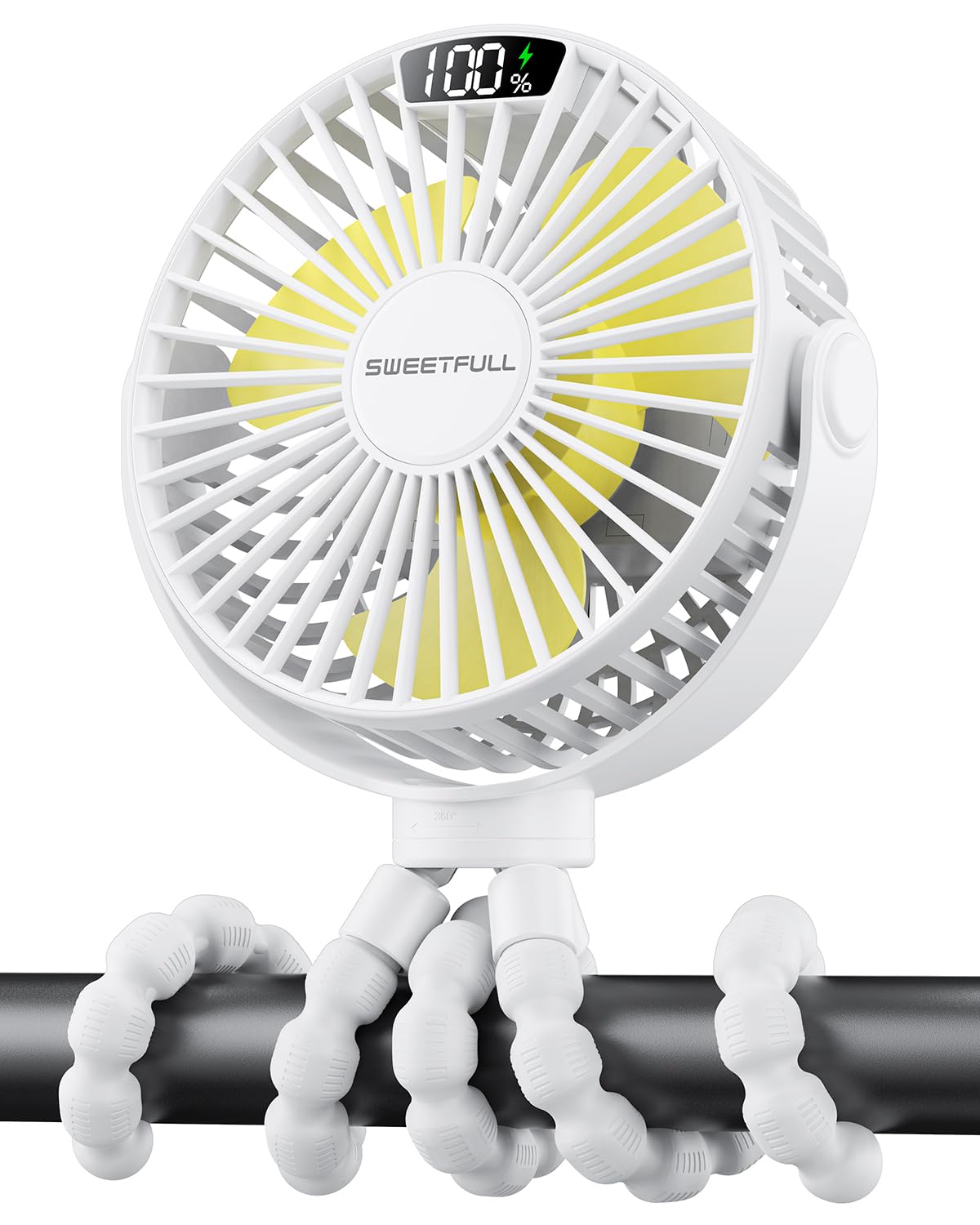 SWEETFULL Portable Stroller Fan with LED Display, 4 Speed Rechargeable Mini Clip On Fan, 360° Rotate Flexible Tripod Better Cooling Small Baby Fan for