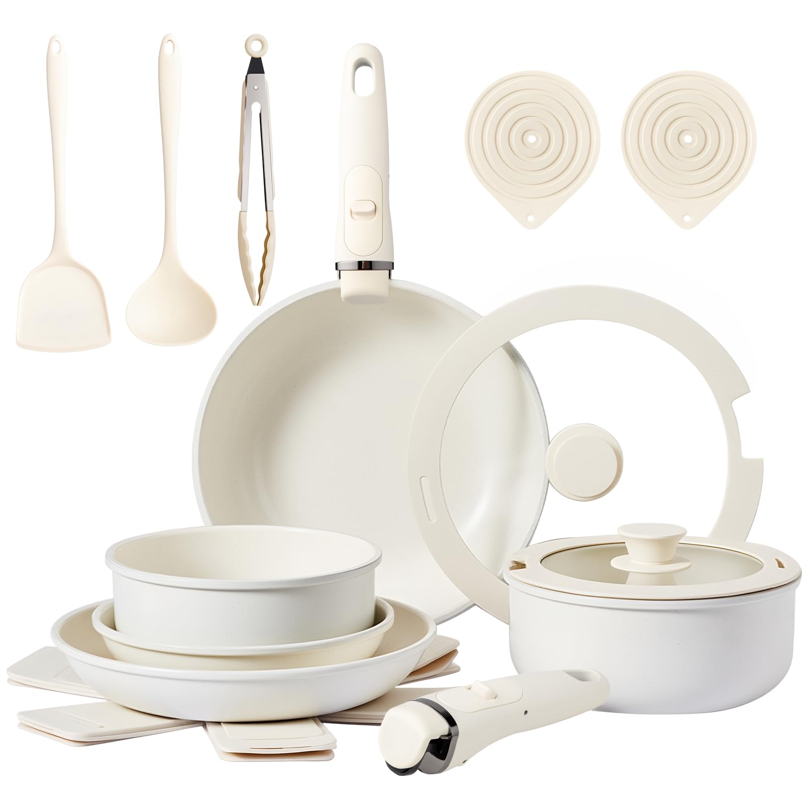 ROVSON 19pcs Non-Stick Pots & Pans Set, Induction, Detachable Handle, Beige โ image 1