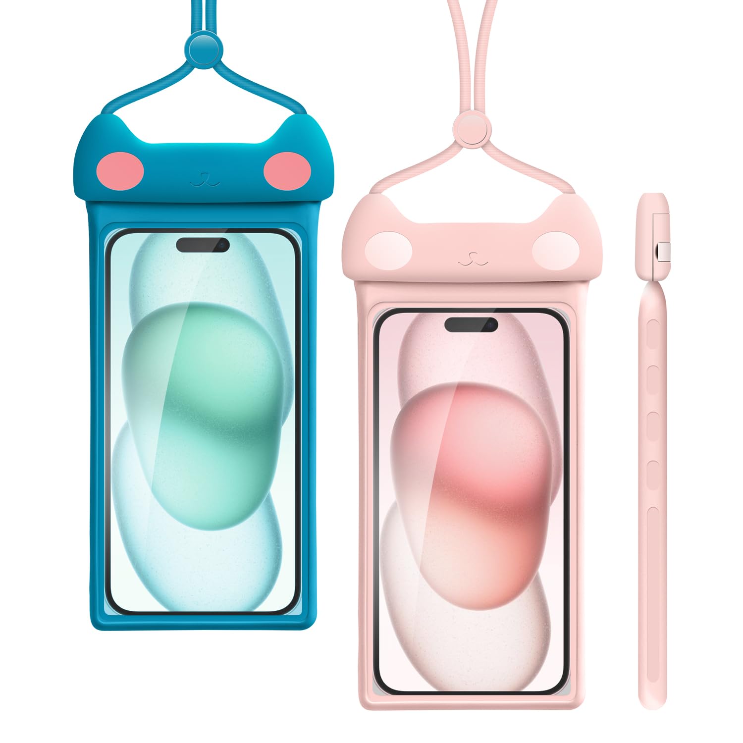 wellhouse Waterproof Phone Pouch, Waterproof Phone Case for iPhone 16 15 14 13 12 Pro Max XS Samsung, IPX8 3D Cellphone Dry Bag Beach Essentials (2 Pack - Meow Pink & Blue7.0, 7 inch)