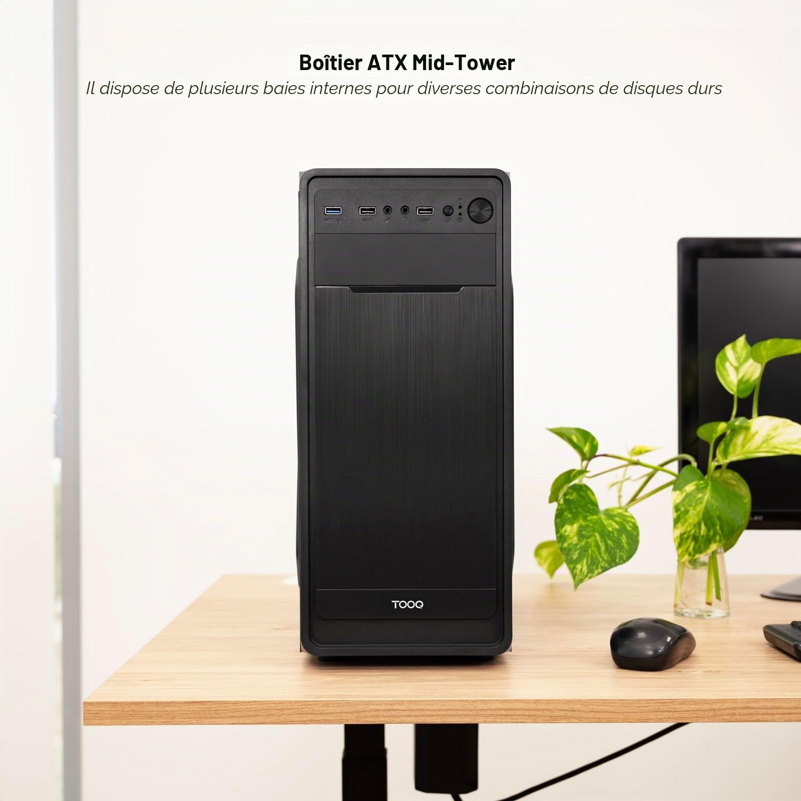TOOQ TQC-5701U3C-B - Boîtier Semi-Tour ATX/MicroATX/Mini-ITX, 1xUSB 3.0, 2xUSB 2.0, HD Audio, 8 Baies pour disques durs, Acier, Noir