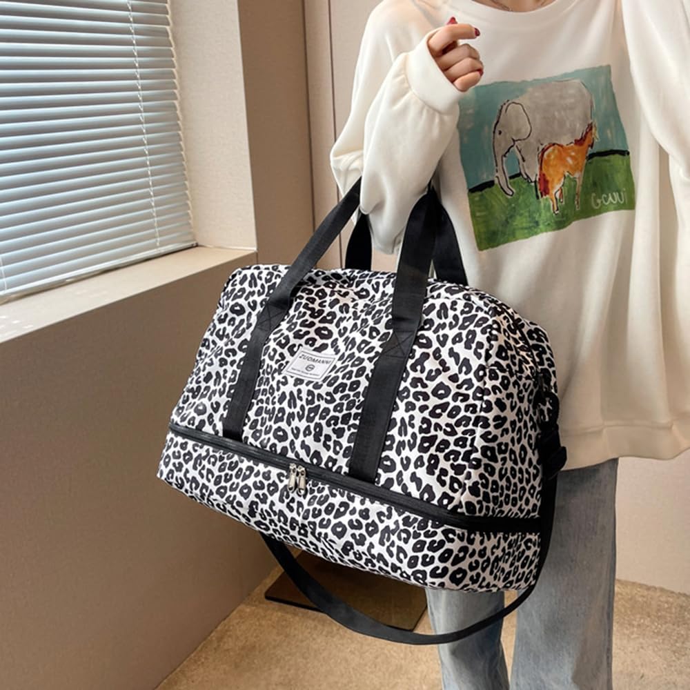 Sac de Sport Femme Grand, 42.43L, avec Compartiment Chaussures & Poche Humide, Sac de Voyage Léopard Bagage à Main Léger, Sacs de Sport Imperméable Femme pour Yoga/Weekend/Gym/Voyage, Noir