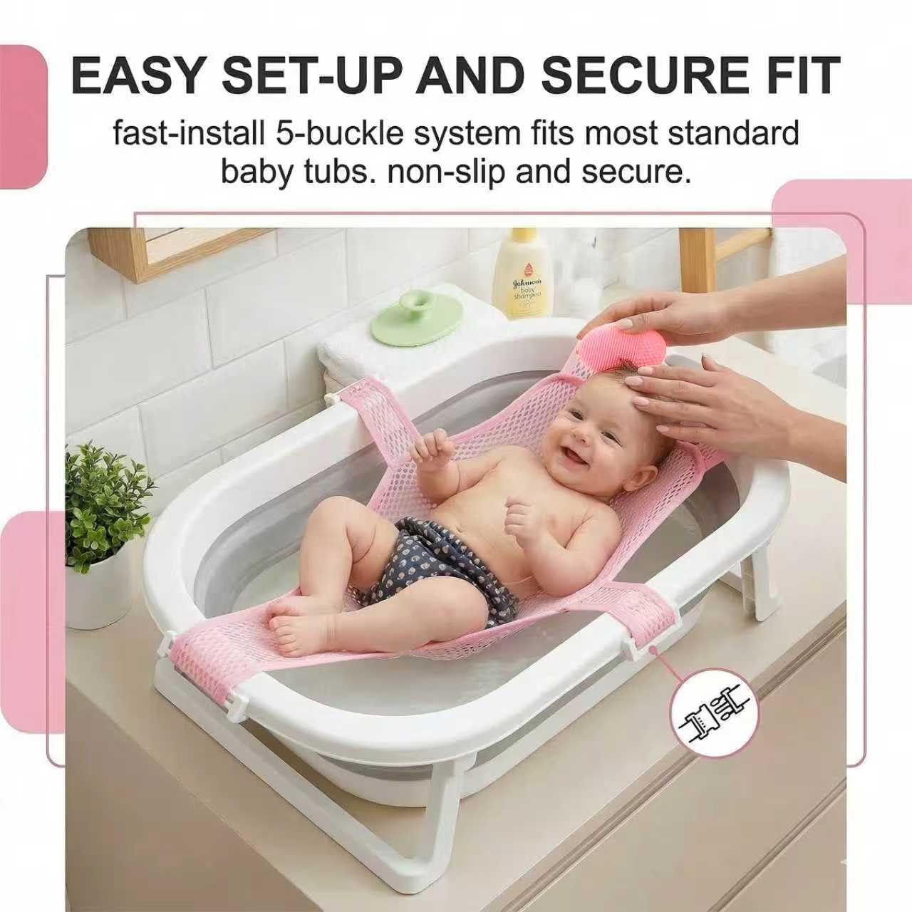 1 Pièce Hamac de Bain Antidérapant pour Bébé, Support de Siège pour Nouveau-né, Pliable et Portable, Deux Brosses à Shampooing Incluses (5 Coins) (Rose)