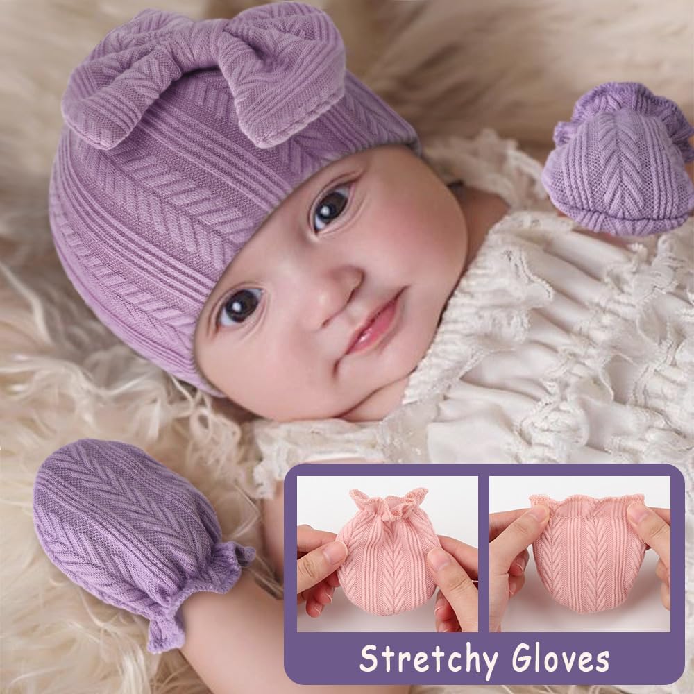 Newborn Baby Hats and Mittens Set Infant Bow Beanie Cap Toddler Gloves Newborn Hospital Hats for Baby Boy Girl 0-6 Months - Image 3