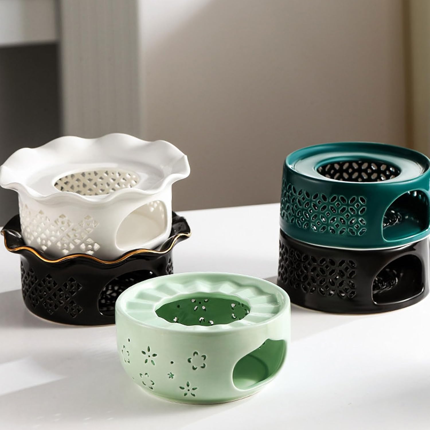 Ceramic Teapot Warmer White Porcelain with Intricate Cutout Design Fluted Edge Heat Resistant for Keeping Tea Coffee Warm Handcrafted-A