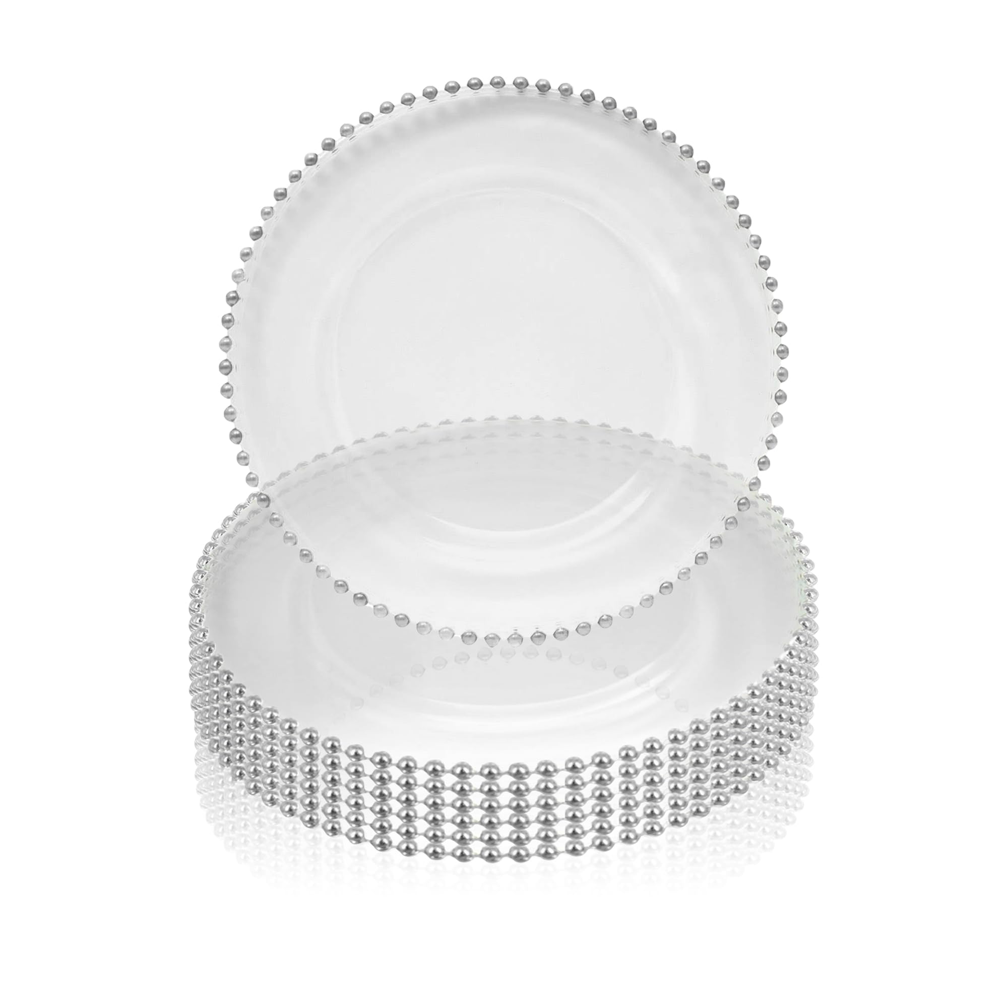 Trimming Shop Dekoracyjne Talerze Serwisowe Srebrne Z Ozdobnymi Koralikami Szklane Talerze Na Stół Do Dekoracji, Śluby, Urodziny, Imprezy, Zestaw Stołowy, Imprezy Cateringowe, 33cm, Przezroczyste