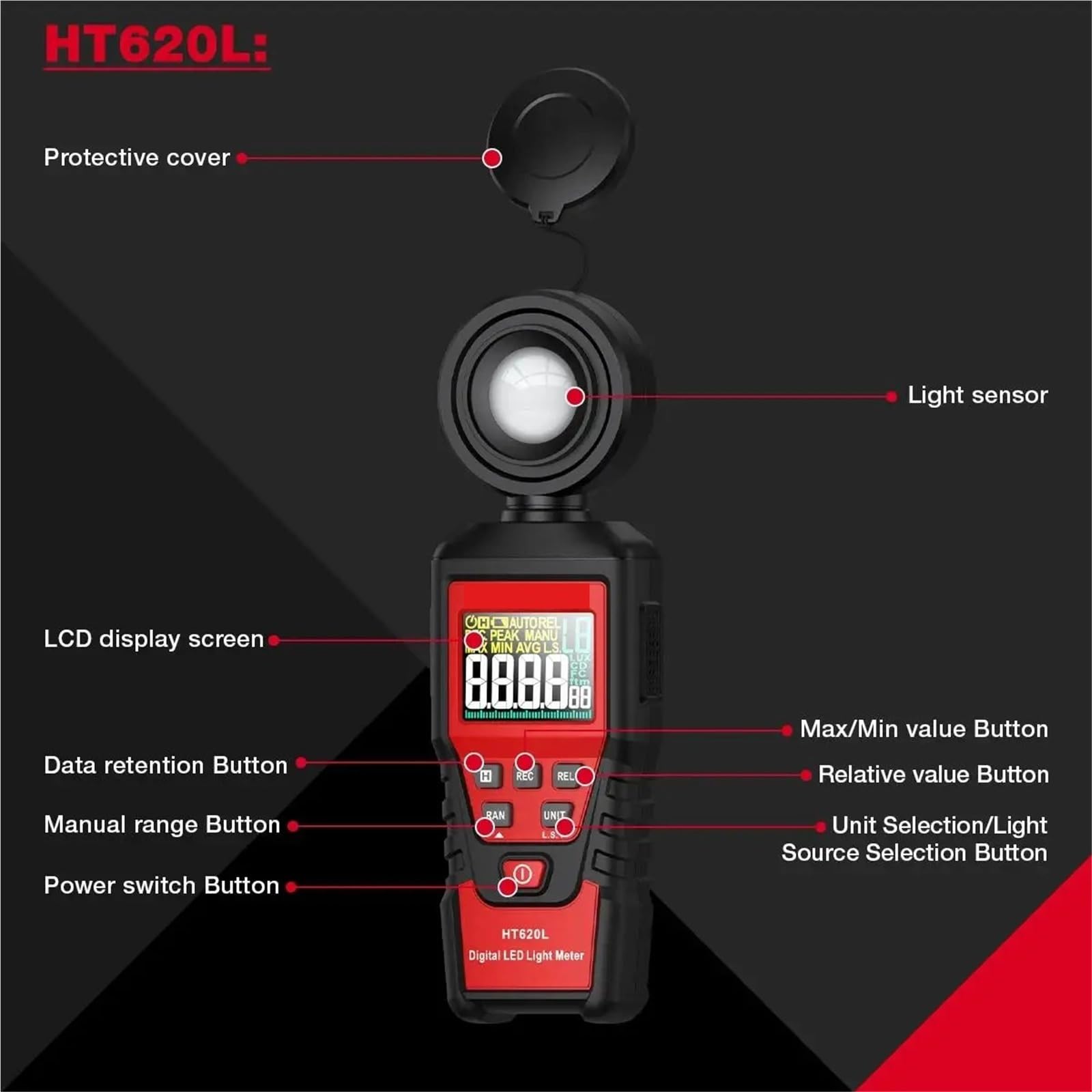 Esposimetri, Misuratore di luce illuminamento digitale temperatura ambiente portatile con portata fino a 200.000 Lux Luxmetro(HT620L)