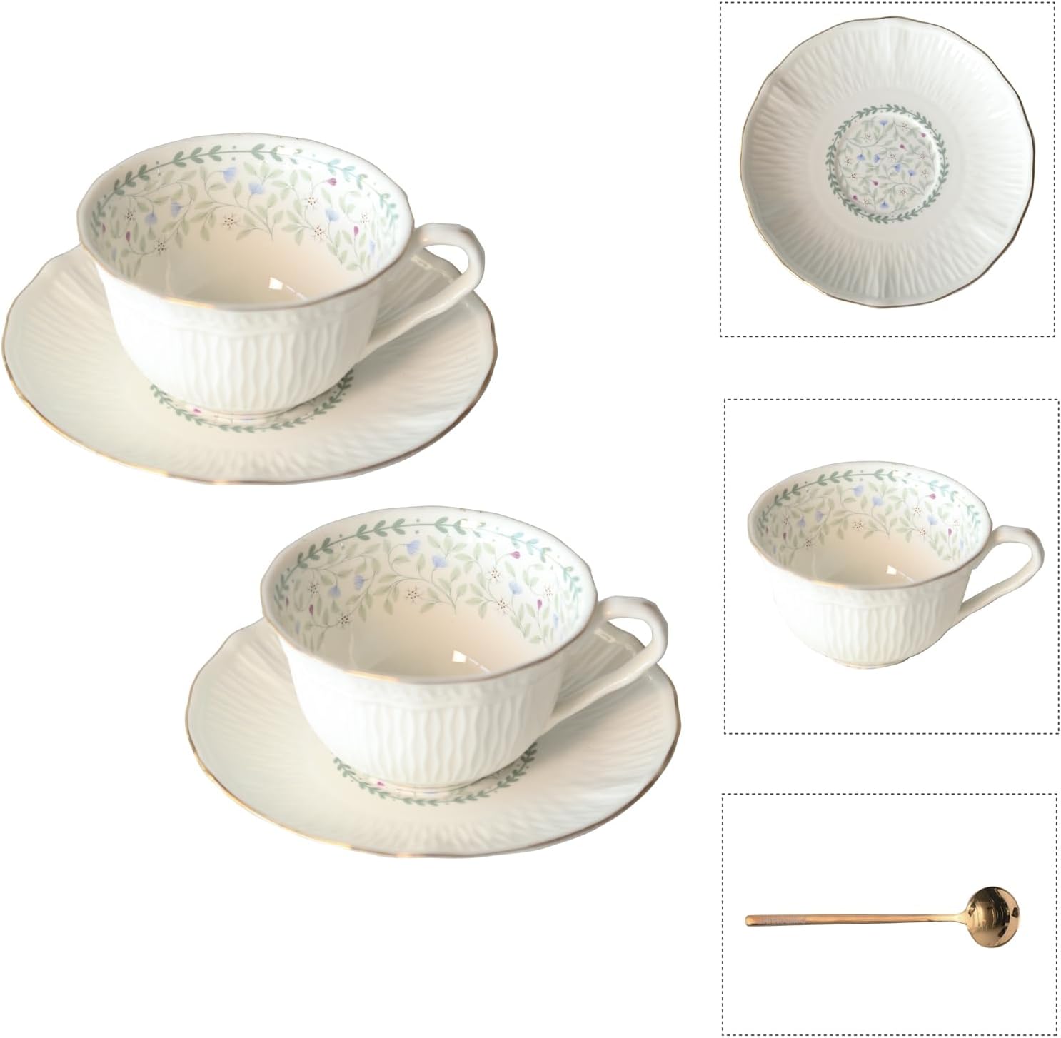 Vintage Floral Porcelain Tea Cup and Saucer Set with Spoon, Gold Trim, 6.4 oz – Set of 2, Light Blue – Tea & Espresso & Coffee Cups (2, Light Blue)