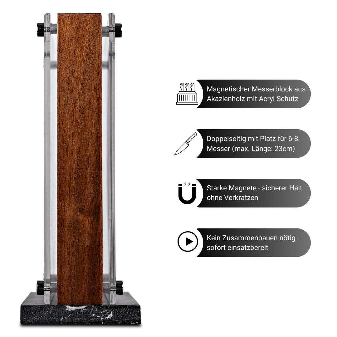 VDN Messerblock magnetisch - Messerblock ohne Messer [Doppelseitig, aus Akazienholz] - Messerhalter magnetisch [für 6-8 Messer] - Messerständer [mit Marmor-Fuß]