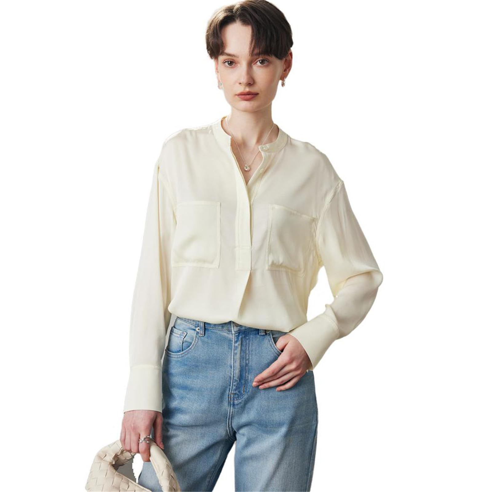 Camisa de Oficina Holgada de Seda con Cuello Alto para Mujer