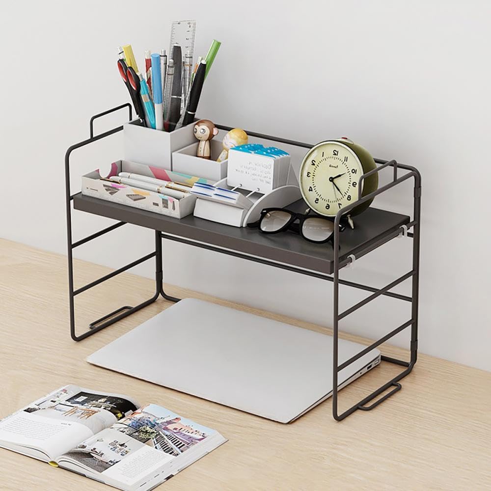 Gelory Desk Organizer Shelf Desktop Storage Shelf Display Bookcase Storage Rack Multipurpose Desktop Bookcase Stand for Office Kitchen Bedroom Bathroom Reading Room (Black frame black) - Image 2