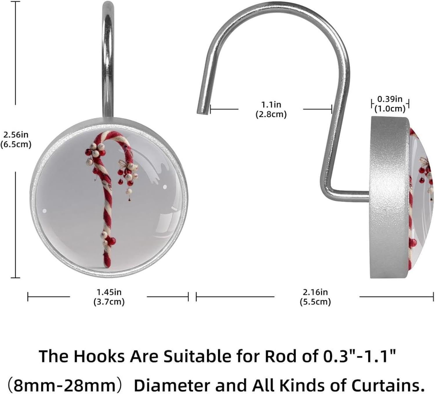 Christmas Crutch (1) Round Crystal Glass Decorative Shower Curtain Hooks with 3D Pattern Visual, Rust Proof Shower Curtain Rings-12 Pack