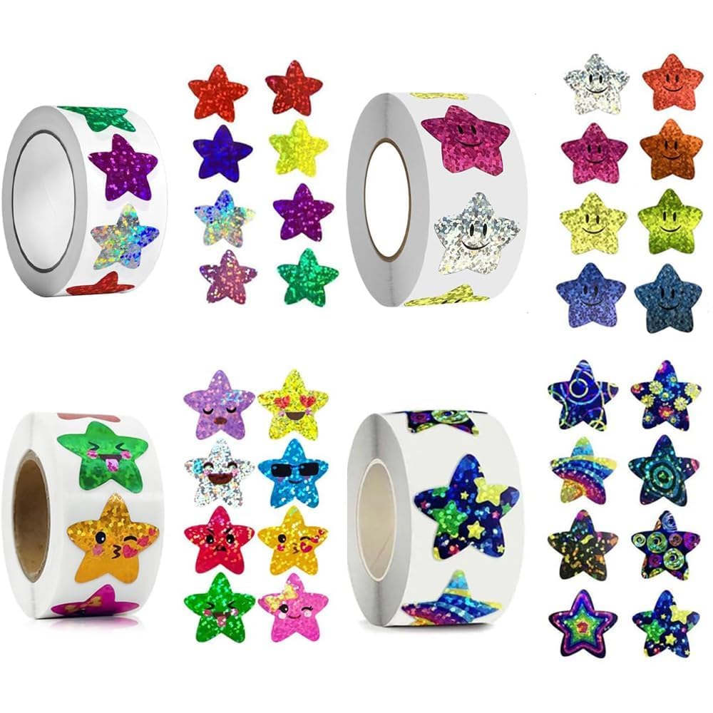 Axobog Colourful 2000 Pcs Shiny Star Stickers, Self Adhesive Shiny Reward Stickers, 2.5 Cm Motivational Holographic Star Stickers For Children Students Teachers Classroom