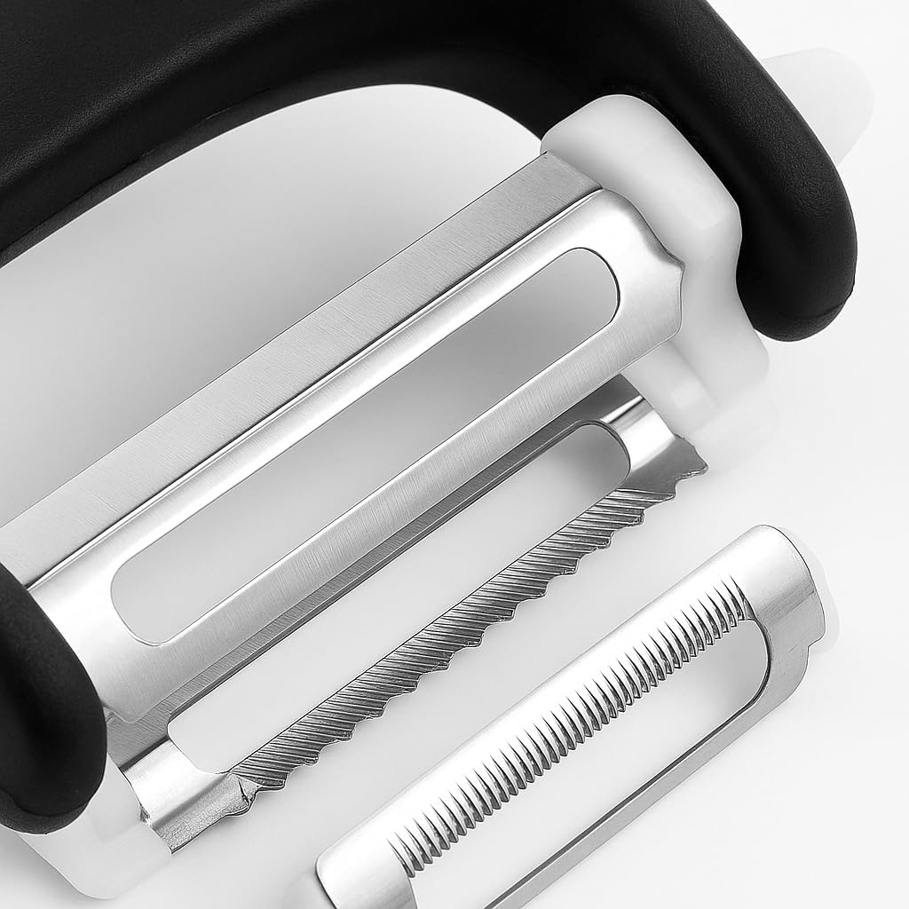 Descascador 3 em 1 Premium com Lâminas de Aço Inoxidável – Multifuncional para Frutas, Legumes e Verduras com Cabo Ergonômico