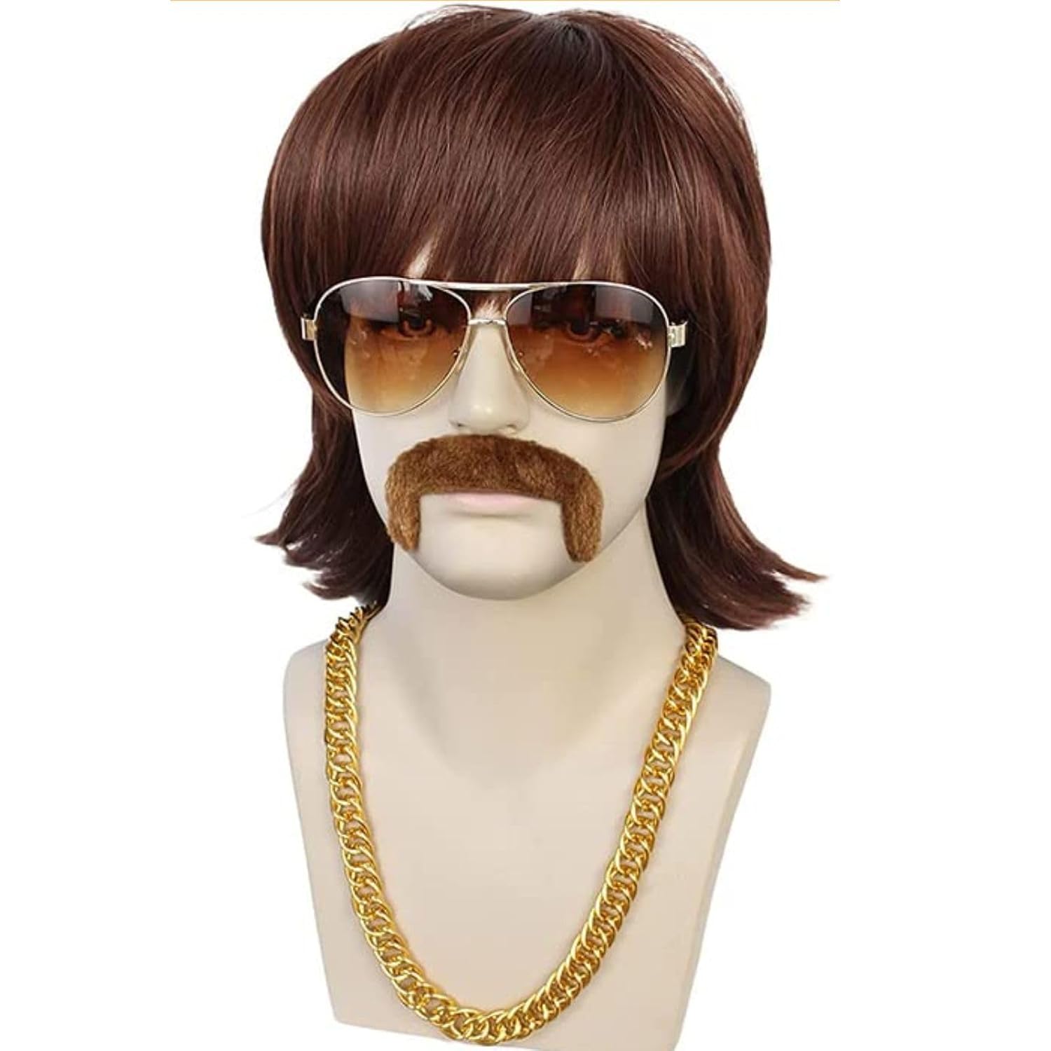 JoneTing 5 Set Mens Disco Flip Wig【+Chain+Mustache+Glasses +Cap】 Mens 70s 80s Disco Wig Short Dark Brown Disc Party Wigs for Men Short Brown Wavy Wigs 70s 80s Costume Hair Outfits