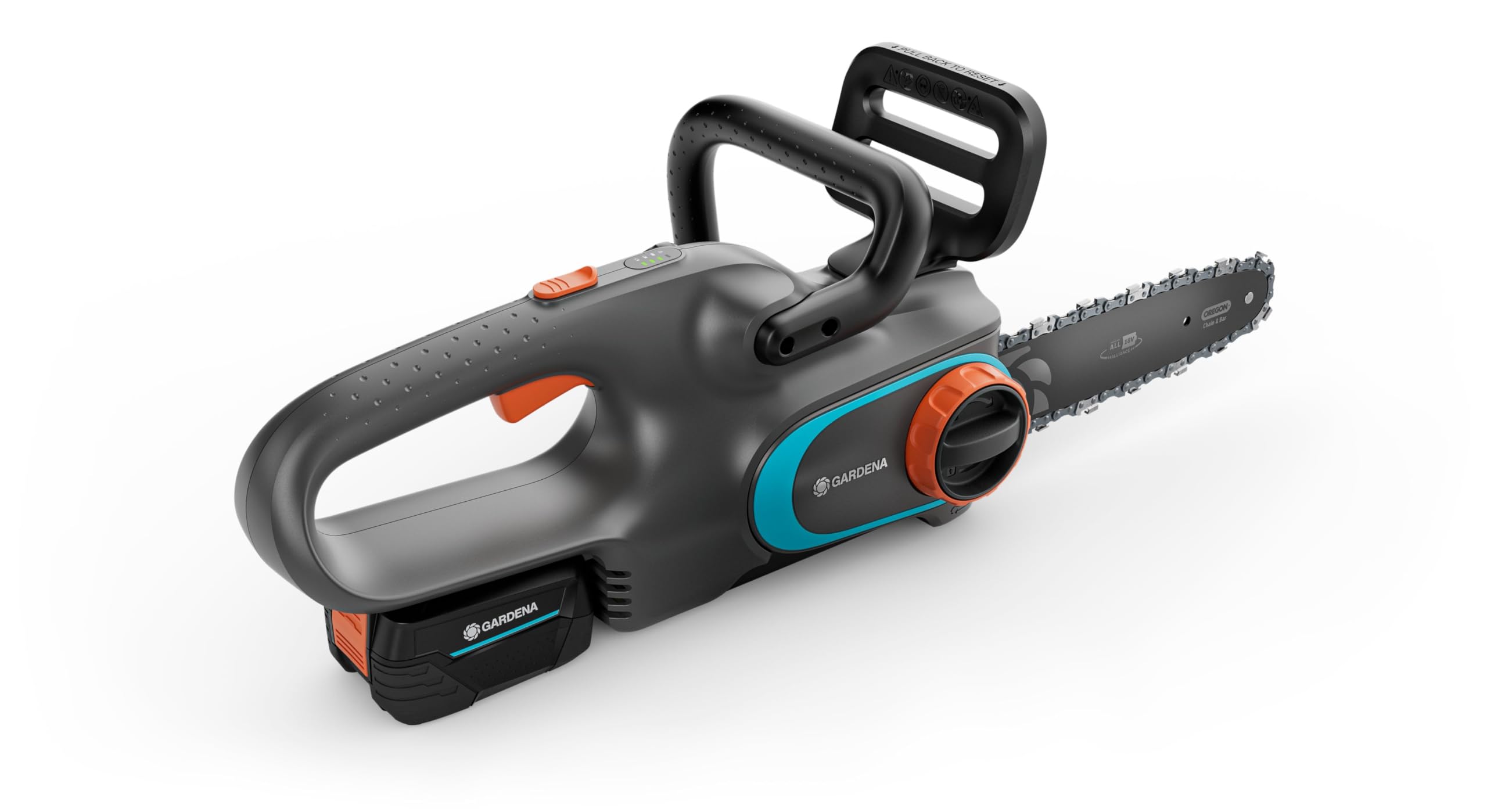 Gardena Akku-Kettensäge PowerSaw 250/18V P4A Ready-To-Use Set: Oregon Kette, Ergonomisch, Geräuscharm, Kettenbremse, Kabellos (14790-20)