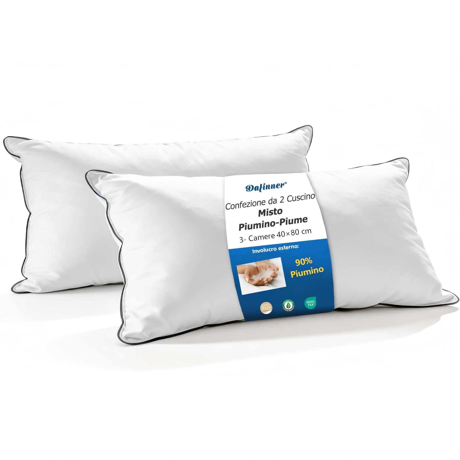 Dafinner Cuscino 40 × 80 cm 2 Pz | 90% Piumino scomparti est. | Miscela di Piume scomparto int. | Oeko-TEX Downpass | Supporto Medio | Cotone Biologico