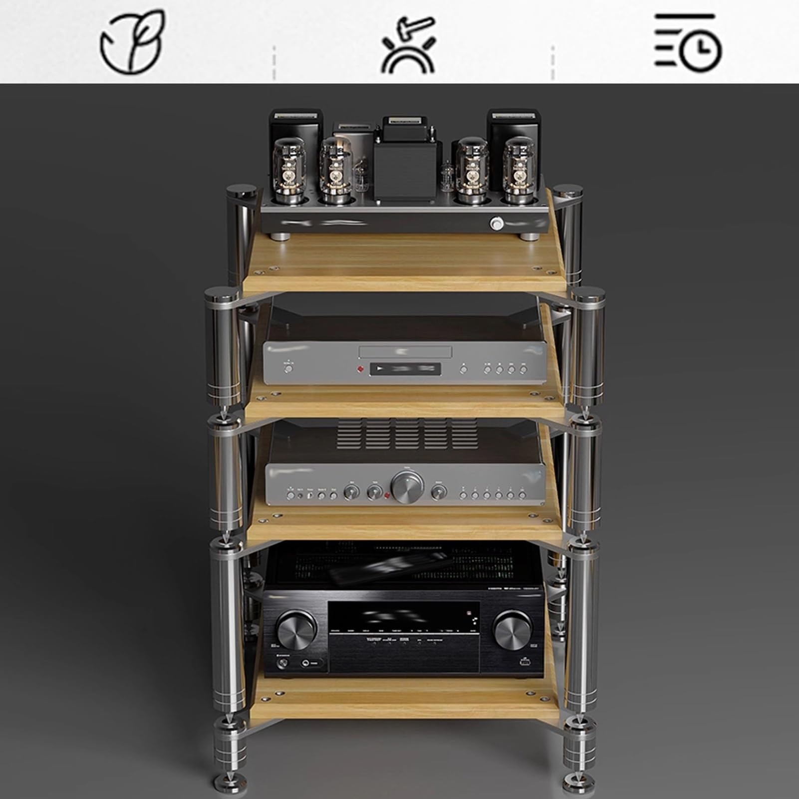 Soporte AV de Alta Resistencia, Bastidores de Audio de Diseño Abierto con Clavijas Que Absorben Los Golpes, Bastidor de Componentes de Audio(Natural,1 Tier 11cm/4.3in)