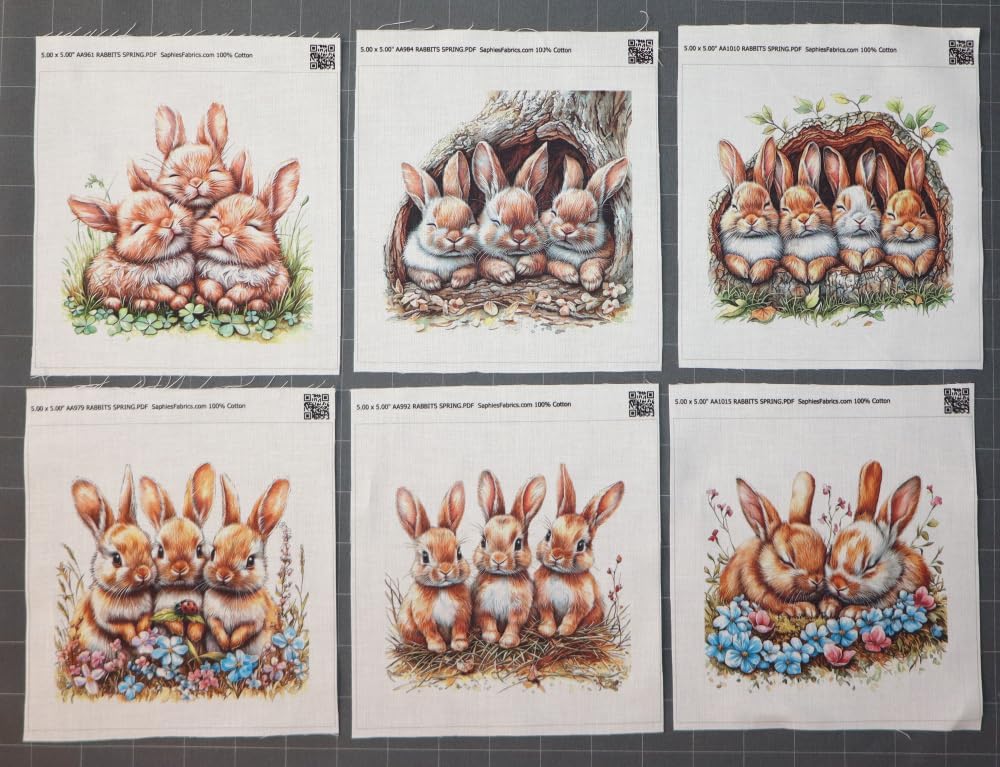 6 Piece 5"x5" Spring Rabbits 100% Cotton Fabric Panel Blocks Quilt Squares