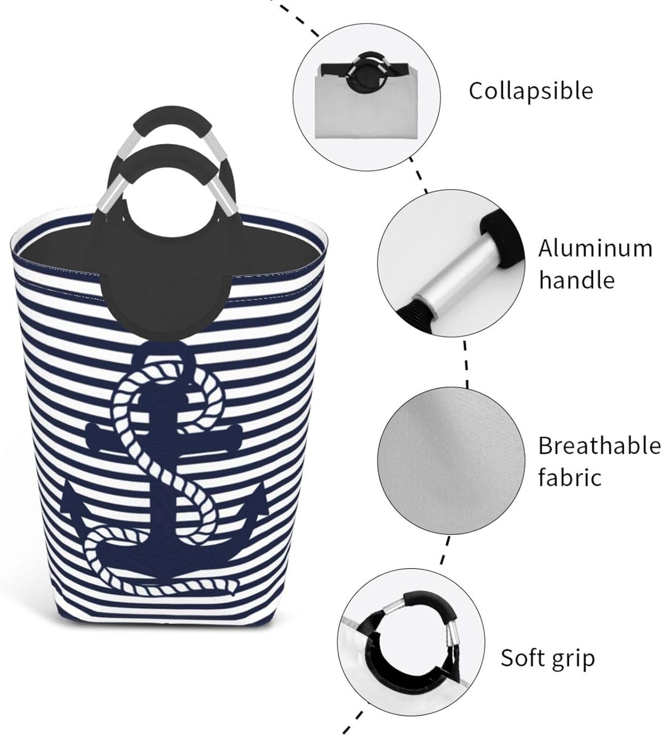 Large Laundry Basket, Nautical Navy Blue White Stripes and Blue Anchor Laundry Hamper Bag Collapsible Washing Bin With Handles for College Dorm, Family Essentials Storage