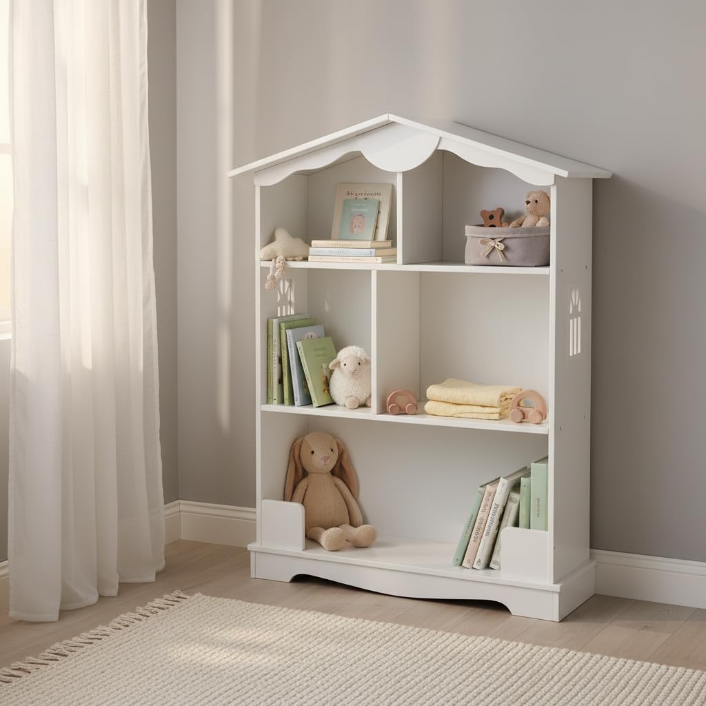leomark Drewniany regał na zabawki i książki, biały regał na książki dla dzieci 76 x 30 x 101 cm, półka do przechowywania, organizer w kształcie domu do sypialni lub pokoju zabaw