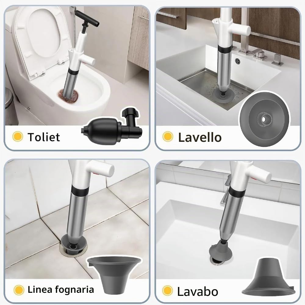 Pompa Stura scarichi a Pressione Stantuffo per WC Sturalavandini a Pressione Sturatubi ad Aria Compressa Stura WC con 3 Ventose per Disintasare WC Lavello Vasca Scarico a Pavimento