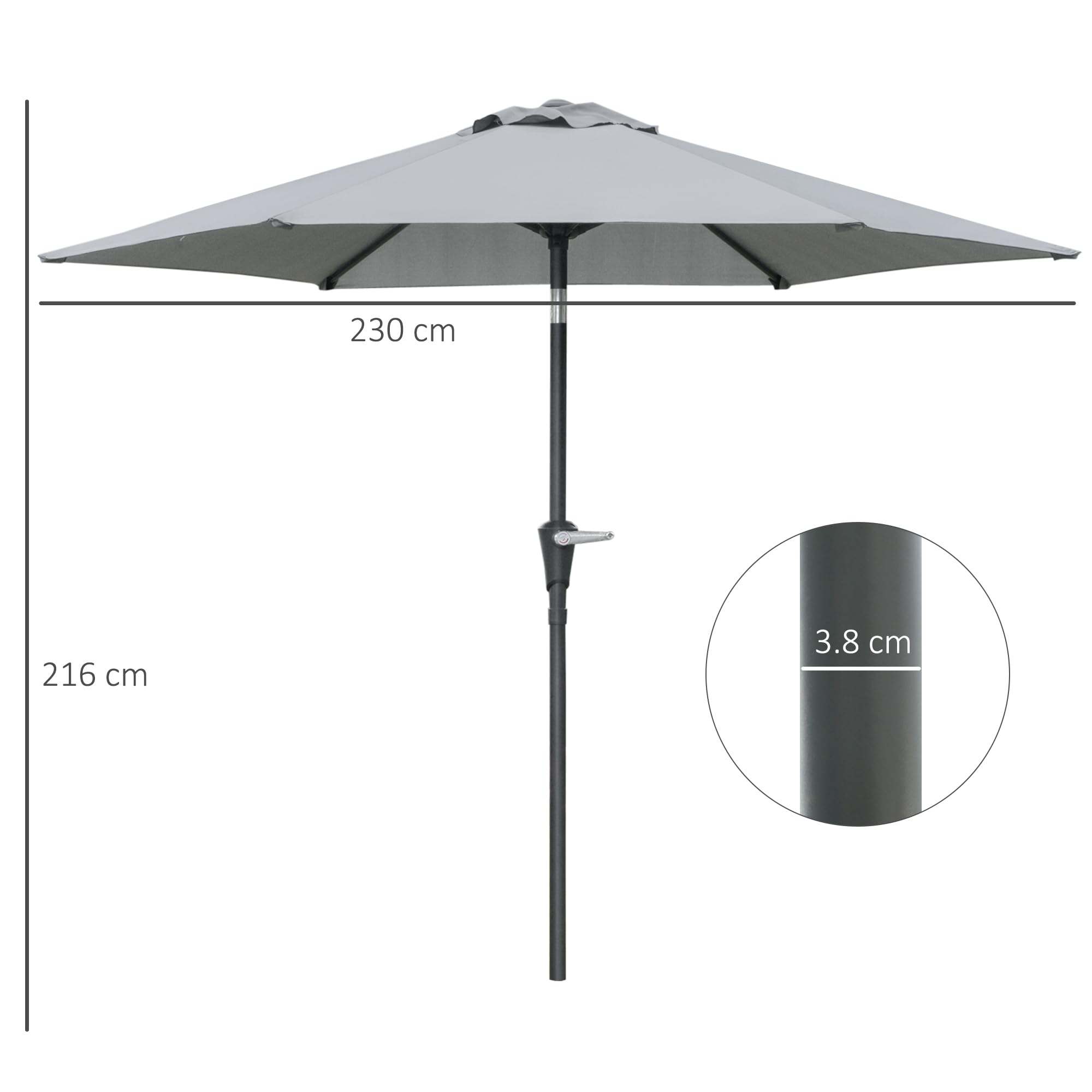 Outsunny Ombrellone da Giardino Inclinabile 2.3x2 m in Poliestere 180g/m², Ombrellone per Esterno da Terrazzo e Patio con Apertura a Manovella, Palo in Metallo e 6 Stecche,