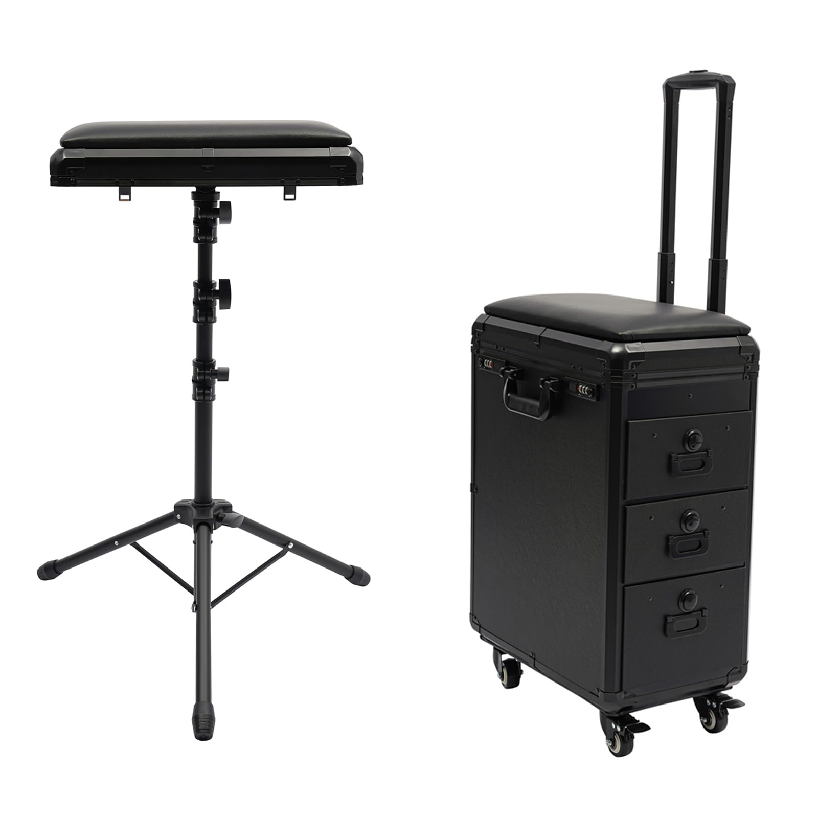 Maletín de cosméticos con soporte para reposabrazos, maletín de tatuaje con 3 cajones, maletín profesional para maquillaje, mesa de tatuaje, equipo de tatuaje, para mujer, maletín con ruedas