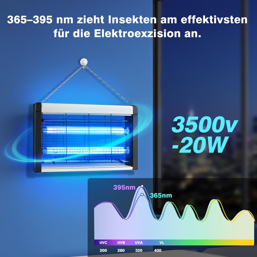 Insektenvernichter Elektrisch, Leistungsstark 3500V & 20W UV Elektrische Fliegenfalle, Mückenlampe mit Waschbares Tablett und Aufhängekette Geeignet für Schlafzimmer, Wohnzimmer, Esszimmer