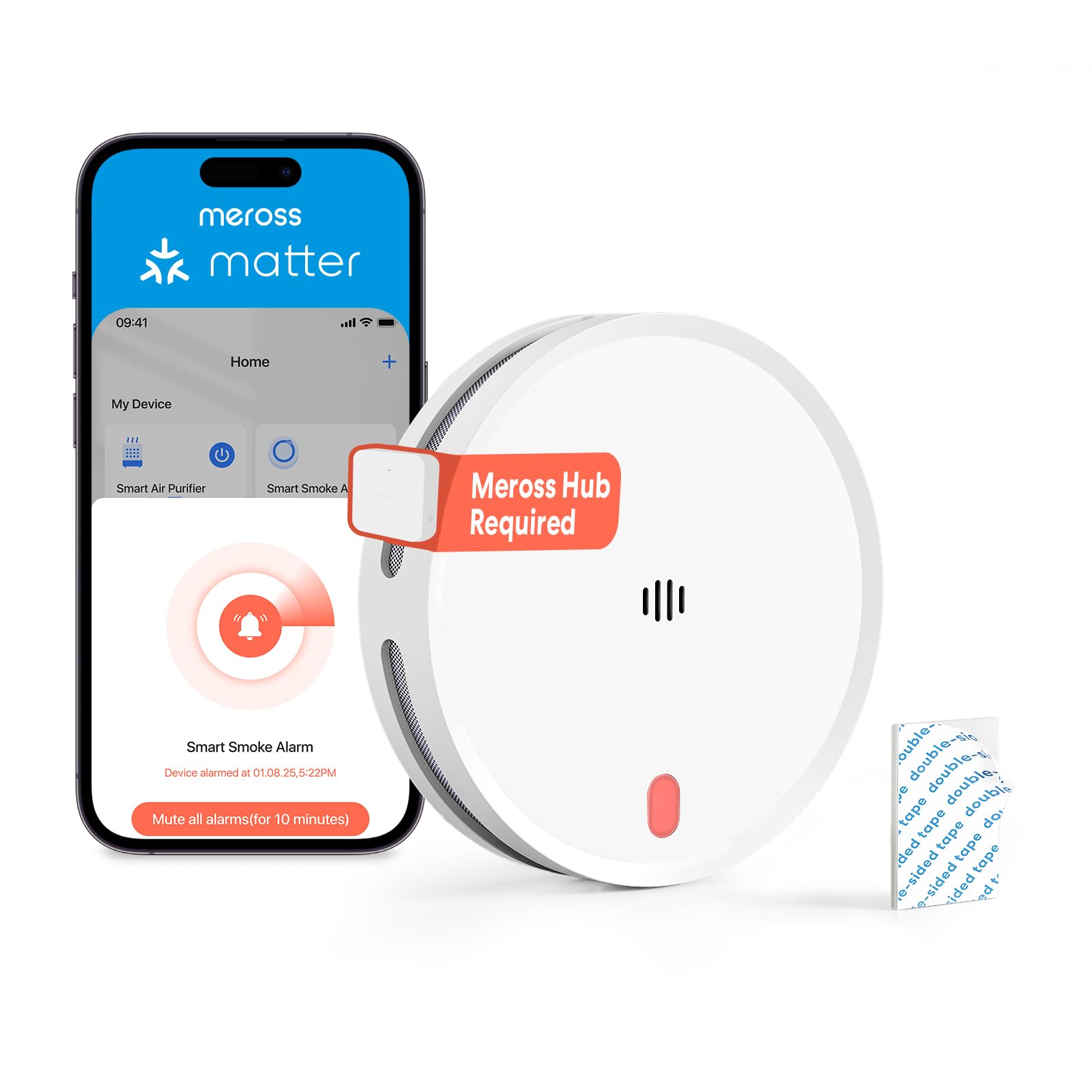 Meross Rookmelder, verbonden (zonder HUB), intelligente rookmelder, compatibel met Apple HomeKit en SmartThings, brandmelder met verwisselbare batterij, testfunctie, HUB vereist Meross Rookmelder, verbonden (zonder HUB), intelligente rookmelder, compatibel met Apple HomeKit en SmartThings, brandmelder met verwisselbare batterij, testfunctie, HUB vereist