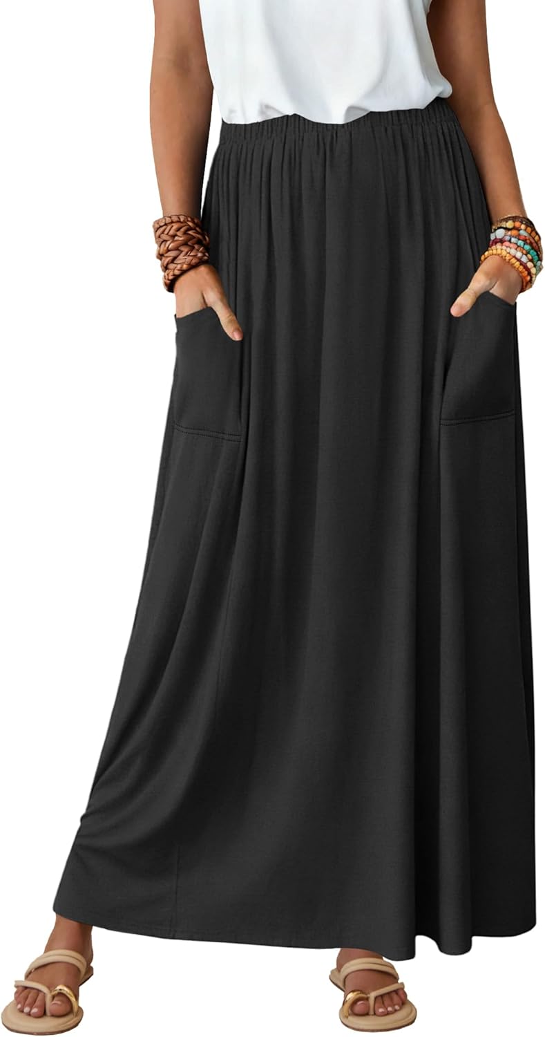 ANRABESS Womens Maxi Skirt Summer Casual Flowy A-line Elastic Waist Beach Long Skirts with Pockets Spring Vacation Clothes