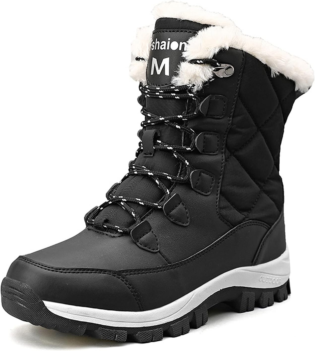 Women’s Mid Calf Snow Boots Warm Faux Fur Lined Lace up Winter Boots Outdoor Anti-Slip Waterproof Walking Boots