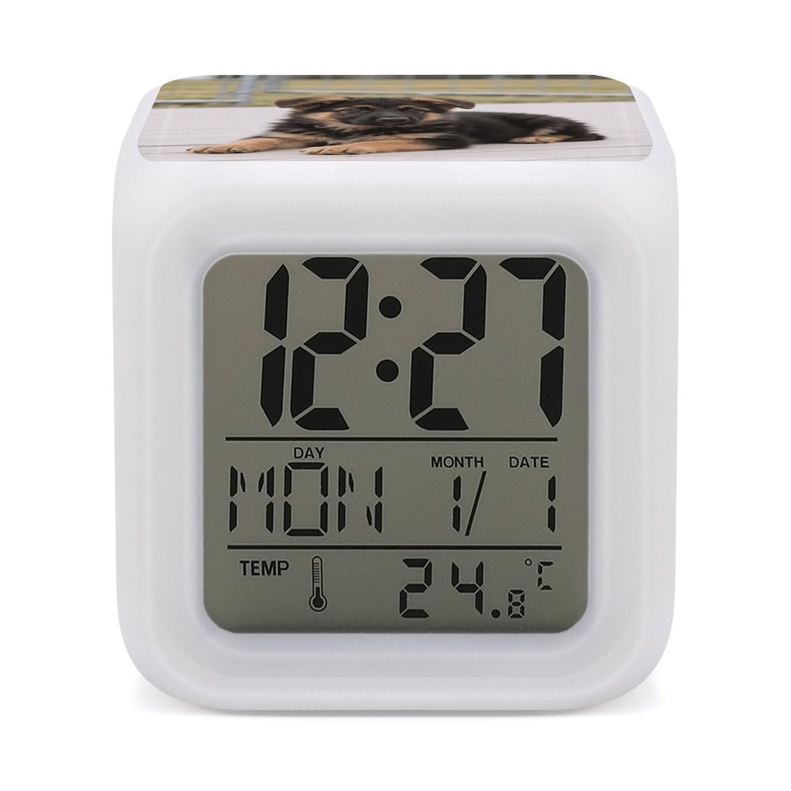 7 Color Ambient Night Light Cube Battery Operated German Shepherd Puppies Digital Clock with Snooze Temperature LED Digital Alarm Clocks Dimmable Wake Up Light Portable Mood Lamp for Bedroom Desk Gif