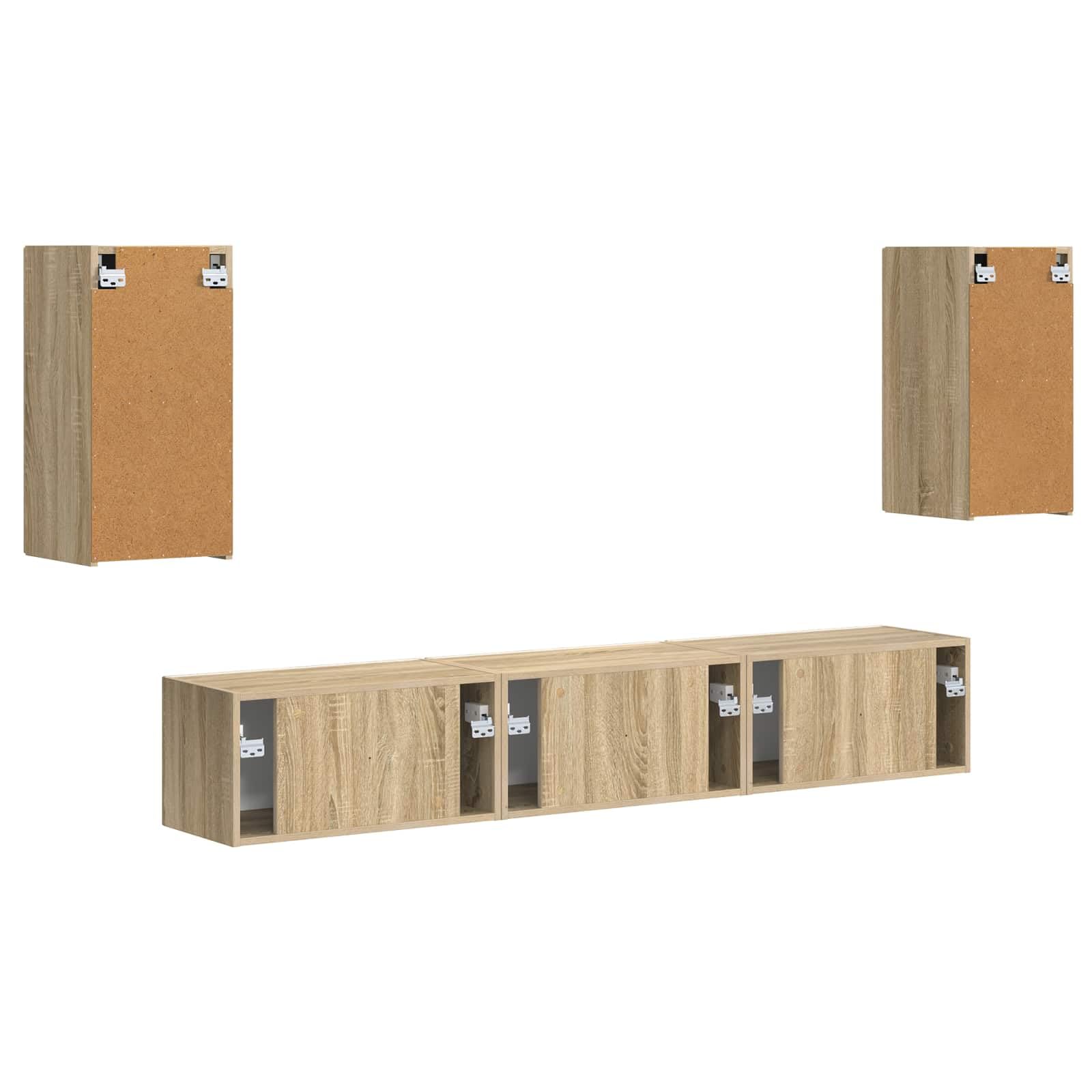 Moderno mueble de TV montado en la pared de 5 piezas en roble Sonoma de madera, compuesto por dos armarios de pared y tres armarios de TV para un amplio almacenamiento de dispositivos